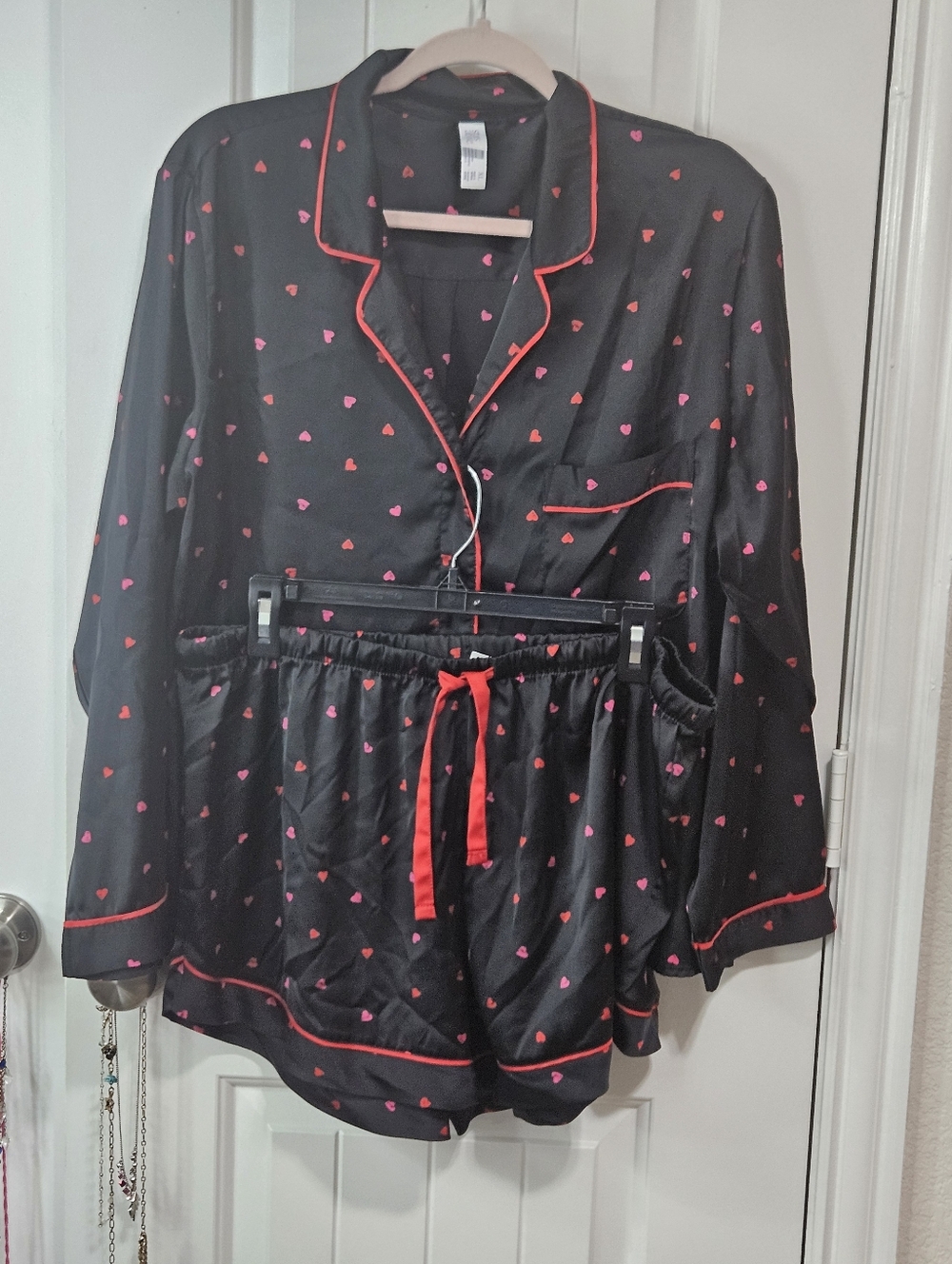 Black Satin Heart-Print Pajama Set with Red Accents